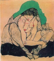 Schiele - Nudo femminile accovacciato con fazzoletto verde, cm 40x50